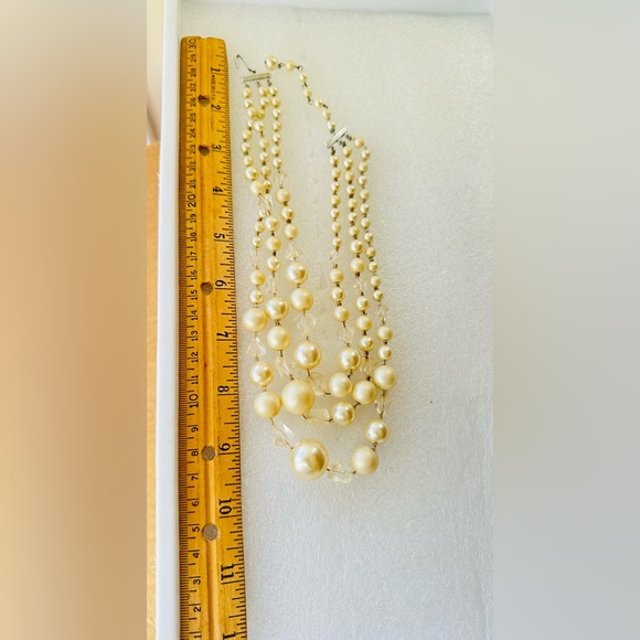 VTG Japan Faux Pearls and Crystal Glass Beads 3 Strand Necklace 16” - Picture 6 of 8